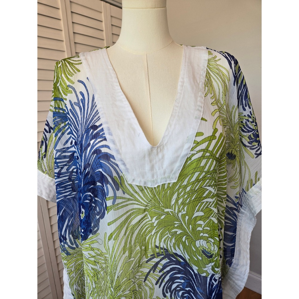 Tropical Print Caftan Tunic Sheer Cover Up One Size Resort Boho Beach Vacation - Picture 4 of 10